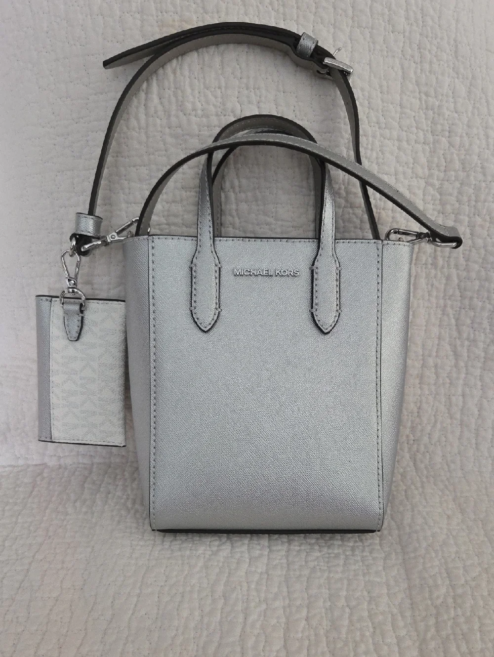 Michael Kors Silver Mini Saffiano Mini Tote with Crossbody Strap and card pouch